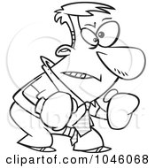 Royalty Free RF Clip Art Illustration Of A Cartoon Black And White Outline Design Of A Confrontational Businessman Wearing Boxing Gloves