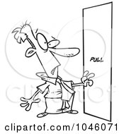 Royalty Free RF Clip Art Illustration Of A Cartoon Black And White Outline Design Of A Businessman Facing A Door Without A Handle by toonaday