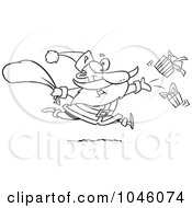 Royalty Free RF Clip Art Illustration Of A Cartoon Black And White Outline Design Of Santa Tossing Gifts
