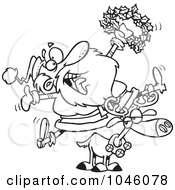 Royalty Free RF Clip Art Illustration Of A Cartoon Black And White Outline Design Of A Joyous Santa Riding A Reindeer by toonaday
