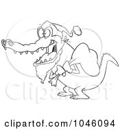 Royalty Free RF Clip Art Illustration Of A Cartoon Black And White Outline Design Of A Santa Alligator