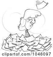 Poster, Art Print Of Cartoon Black And White Outline Design Of A Woman Standing In A Pile Of Paperwork
