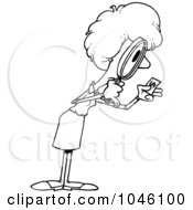 Poster, Art Print Of Cartoon Black And White Outline Design Of A Businesswoman Viewing Money Through A Magnifying Glass