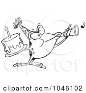 Poster, Art Print Of Cartoon Black And White Outline Design Of A Birthday Frog Holding A Cake And Using A Noise Maker