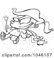 Cartoon Black And White Outline Design Of A Parade Girl Pulling A Duck