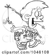 Poster, Art Print Of Cartoon Black And White Outline Design Of A Country Boy Carrying A Fishing Pole