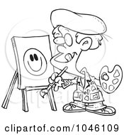 Royalty Free RF Clip Art Illustration Of A Cartoon Black And White Outline Design Of A Boy Painting A Smiley Face