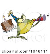 Poster, Art Print Of Cartoon Birthday Frog Holding A Cake And Using A Noise Maker