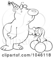 Royalty Free RF Clip Art Illustration Of A Cartoon Black And White Outline Design Of A Birthday Bear With Deflating Balloons