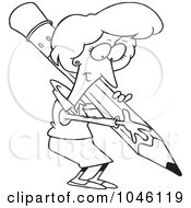Poster, Art Print Of Cartoon Black And White Outline Design Of A Businesswoman Writing With A Pencil