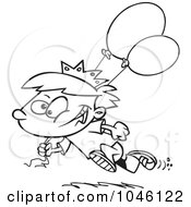 Poster, Art Print Of Cartoon Black And White Outline Design Of A Birthday Boy Running With Balloons