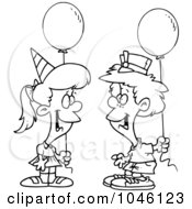 Poster, Art Print Of Cartoon Black And White Outline Design Of A Birthday Boy And Girl With Balloons