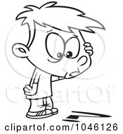 Poster, Art Print Of Cartoon Black And White Outline Design Of A Confused Boy Looking Down At A Question Mark