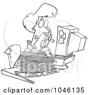 Royalty Free RF Clip Art Illustration Of A Cartoon Black And White Outline Design Of A Businesswoman Going Over Pending Paperwork