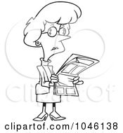 Royalty Free RF Clip Art Illustration Of A Cartoon Black And White Outline Design Of A Businesswoman Reading A Newspaper
