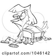 Poster, Art Print Of Cartoon Black And White Outline Design Of An Exhausted Woman By Her Packed Suitcase