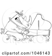 Cartoon Black And White Outline Design Of A Rhino Pianist