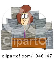 Cartoon Businesswoman Sitting At Her Desk With Stacks Of Paperwork