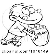 Cartoon Black And White Outline Design Of A Boy Reaching In A Cookie Jar