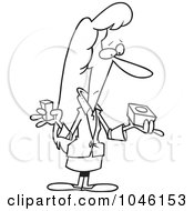 Royalty Free RF Clip Art Illustration Of A Cartoon Black And White Outline Design Of A Businesswoman Trying To Fit A Peg Into A Hole