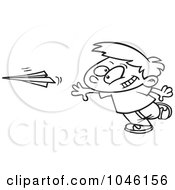 Cartoon Black And White Outline Design Of A Boy Throwing A Paper Plane