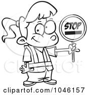 Royalty Free RF Clip Art Illustration Of A Cartoon Black And White Outline Design Of A Patrol Girl Holding A Stop Sign