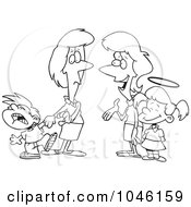 Royalty Free RF Clip Art Illustration Of A Cartoon Black And White Outline Design Of Mothers With Contrasting Kids