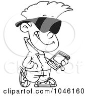 Royalty Free RF Clip Art Illustration Of A Cartoon Black And White Outline Design Of A Cool Kid Carrying A Smart Phone