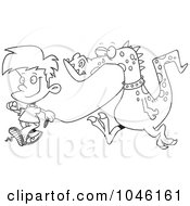 Poster, Art Print Of Cartoon Black And White Outline Design Of A Boy Walking A Dragon