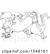 Royalty Free RF Clip Art Illustration Of A Cartoon Black And White Outline Design Of A Boy Walking A Dragon by toonaday