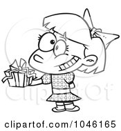 Royalty Free RF Clip Art Illustration Of A Cartoon Black And White Outline Design Of A Girl Holding A Gift At A Party