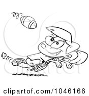 Cartoon Black And White Outline Design Of A Running Girl Catching A Football