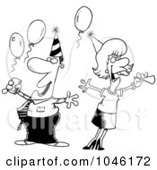 Poster, Art Print Of Cartoon Black And White Outline Design Of A Man And Woman At An Office Party