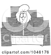 Poster, Art Print Of Cartoon Black And White Outline Design Of A Businesswoman Sitting At Her Desk With Stacks Of Paperwork