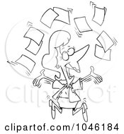 Royalty Free RF Clip Art Illustration Of A Cartoon Black And White Outline Design Of A Happy Businesswoman Tossing Paperwork