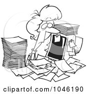 Poster, Art Print Of Cartoon Black And White Outline Design Of A Businesswoman Surrounded By Paperwork At Her Office Desk