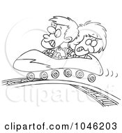 Cartoon Black And White Outline Design Of A Boy And Girl On A Roller Coaster