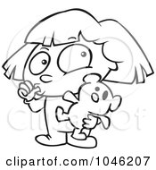 Royalty Free RF Clip Art Illustration Of A Cartoon Black And White Outline Design Of A Girl Sucking Her Thumb And Holding A Teddy Bear