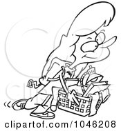 Cartoon Black And White Outline Design Of A College Girl Carrying A Basket Of Items