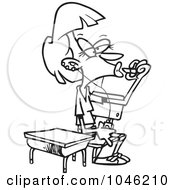 Royalty Free RF Clip Art Illustration Of A Cartoon Black And White Outline Design Of A High School Girl Applying Lipstick