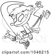 Royalty Free RF Clip Art Illustration Of A Cartoon Black And White Outline Design Of A Karate Boy Chopping Wood by toonaday