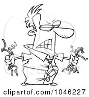Poster, Art Print Of Cartoon Black And White Outline Design Of A Mad Businessman Holding Torn Computer Cables