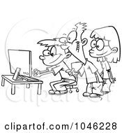 Poster, Art Print Of Cartoon Black And White Outline Design Of Boys And A Girl Using A Computer