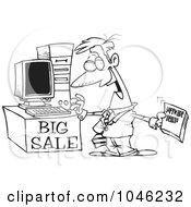 Royalty Free RF Clip Art Illustration Of A Cartoon Black And White Outline Design Of A Computer Salesman