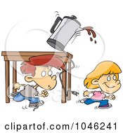 Cartoon Boy And Girl Running And Knocking Over A Coffee Pot