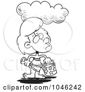 Royalty Free RF Clip Art Illustration Of A Cartoon Black And White Outline Design Of A Cloud Over A Girl At A Beach
