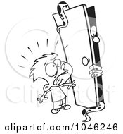 Cartoon Black And White Outline Design Of A Boy Afraid Of A Monster In A Closet