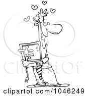 Poster, Art Print Of Cartoon Black And White Outline Design Of A Businessman Hugging His Computer