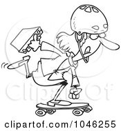 Poster, Art Print Of Cartoon Black And White Outline Design Of A Businesswoman Skateboarding To Work