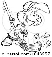 Royalty Free RF Clip Art Illustration Of A Cartoon Black And White Outline Design Of A Girl Sweeping